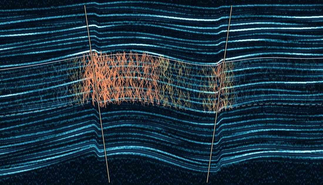 Seismic cross-section with a discrete fracture network displayed within the reservoir interval, densest over the crest and along the fault damage zones